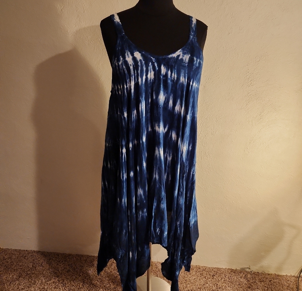 Raviya Navy White Tie Dye Sleeveless Handkerchief Hem Dress Size 3X NWT